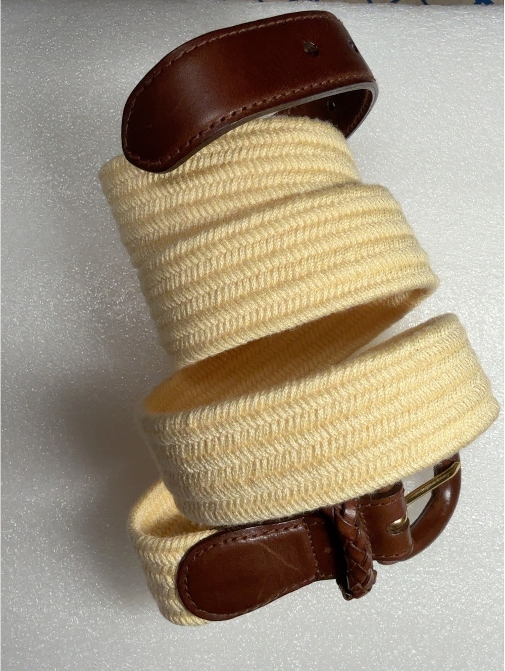 Talbots Women’s XL Stretch Woven Belt Cream Brown Genuine Leather